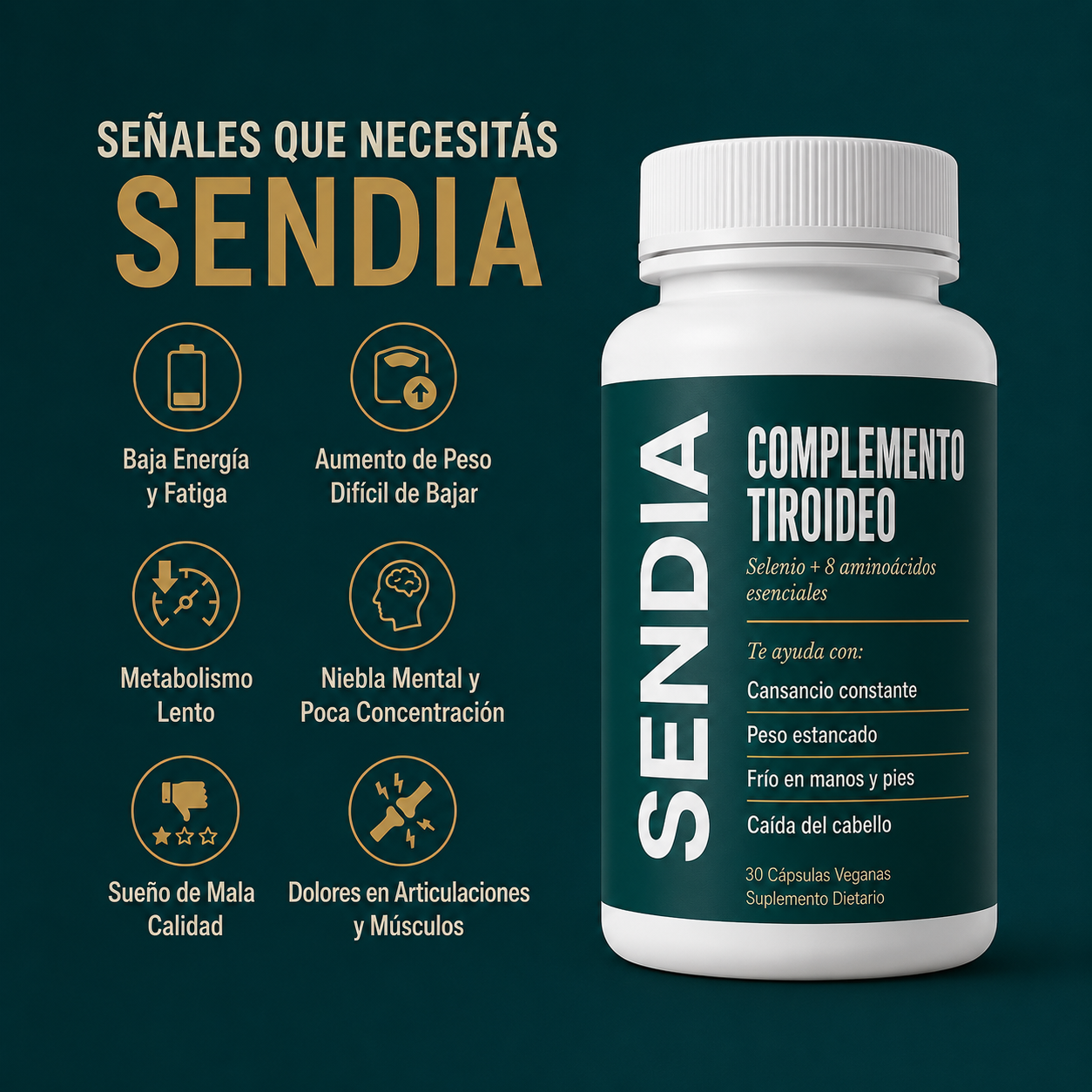 Sendia — Complemento de selenio + 8 aminoácidos esenciales para tiroides