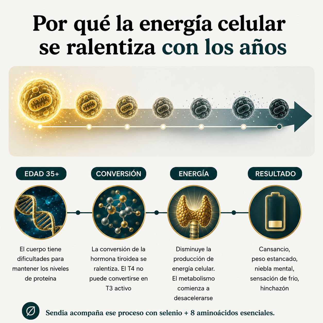 Sendia — Complemento de selenio + 8 aminoácidos esenciales para tiroides